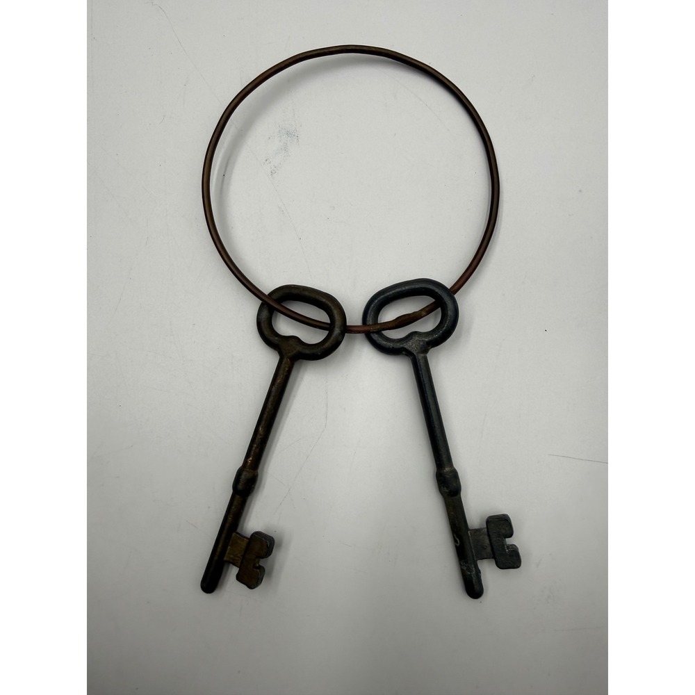 Vintage Skeleton Keys Pair Large Iron Metal Keys on Wire Loop Rustic Decor